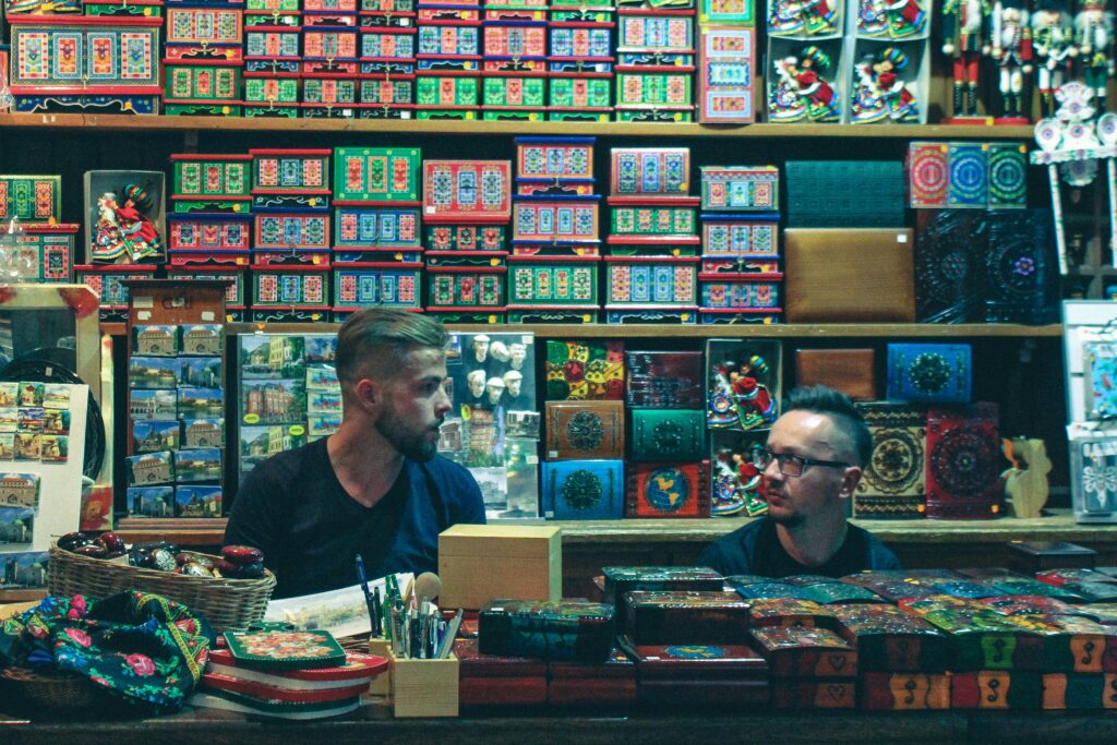 Souvenirs sellers at Kraków Main Market Square.